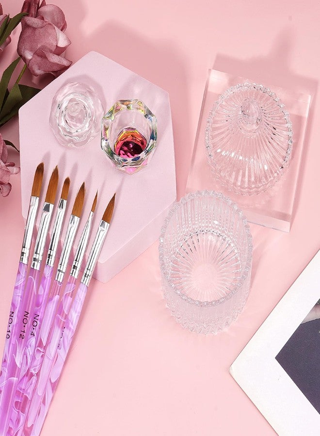 LIONVISON Acrylic Nail Brush Dappen Dish Set - 6Pcs Acrylic Nail Brush and 2Pcs Crystal Dappen Dish with Lid for Acrylics Nails, Monomer Dishs Nail Glass Cup Nail Art Brushs Set for Acrylics Nails Liquid Powder - Image 2